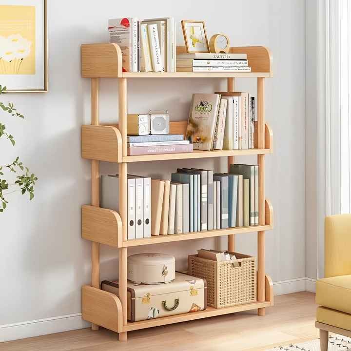 4-Tie Open Bookshelf Home Storage Cabinet Organizer with Wood Top Edge Display Standing Type for Living Room