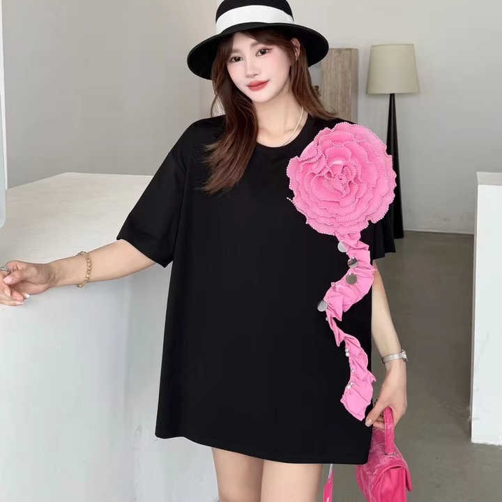 Wholesale Short-sleeved Women's T-shirt Luxury Flower Loose Style Large Size Short-sleeved Shirt Girl Blouse